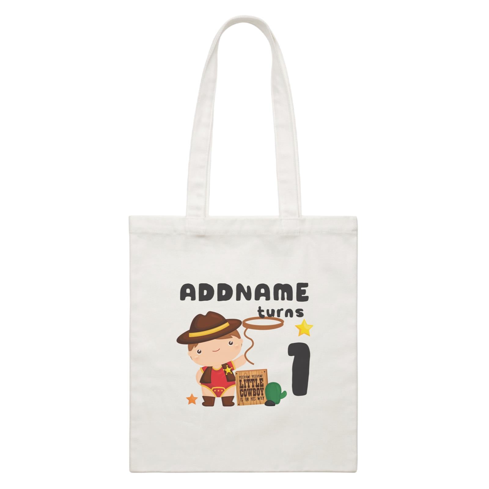 Birthday Cowboy Style Yeehaw Little Cowboy Is On His Way Addname Turns 1 White Canvas Bag