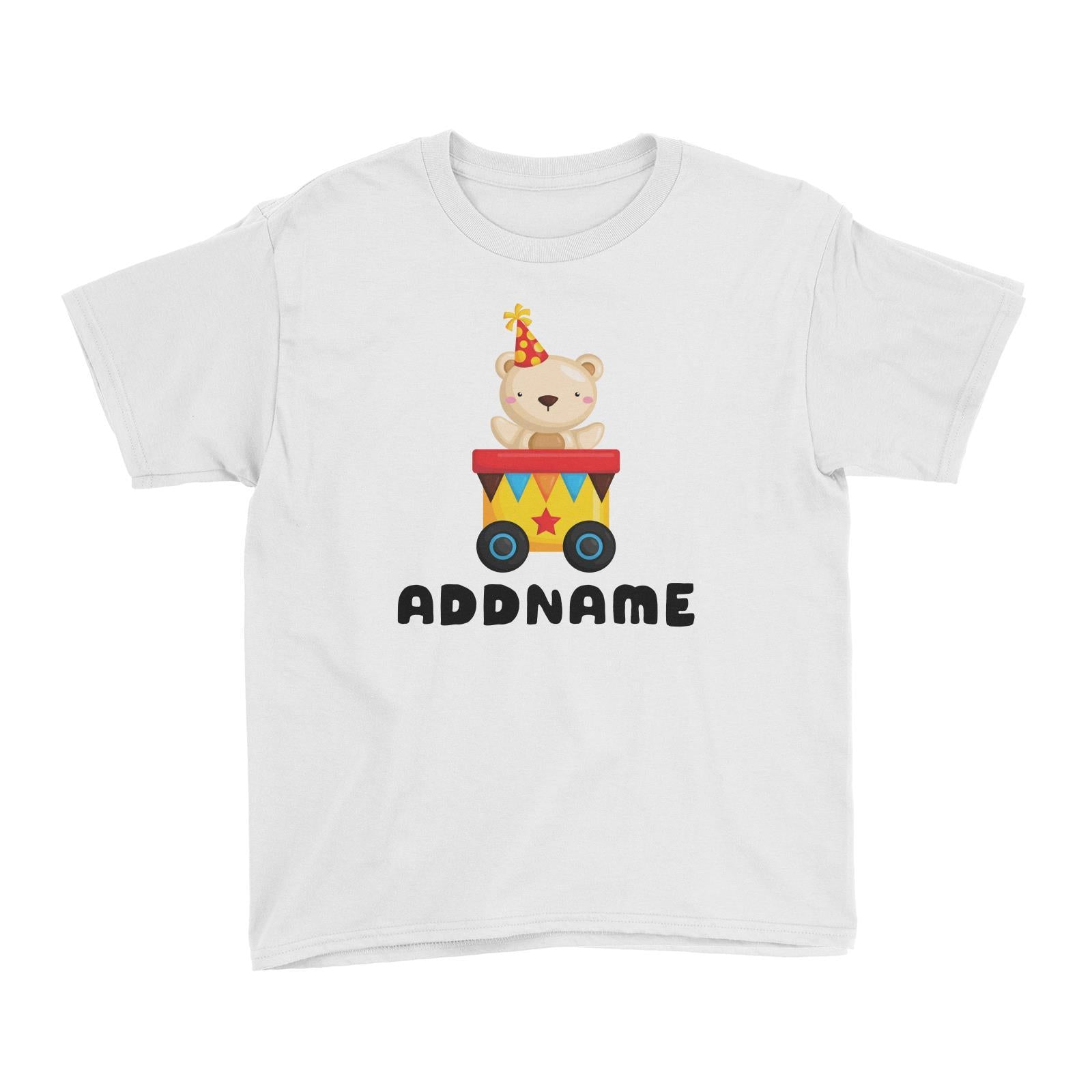 Birthday Fun Train Bear Wearing Party Hat Addname Kid's T-Shirt