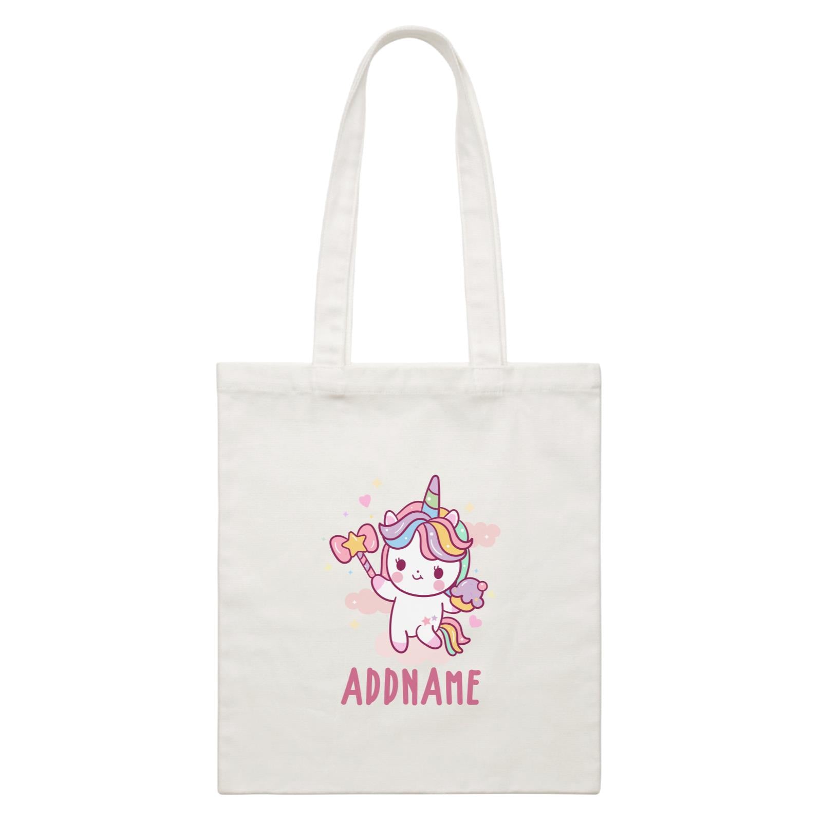 Unicorn And Princess Series Cute Unicorn Holding Magic Wand Addname White Canvas Bag