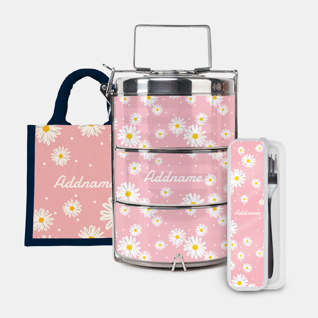 Daisy Series Half Lining Lunch Bag, Standard Tiffin Carrier And Cutlery Set - Blush Navy
