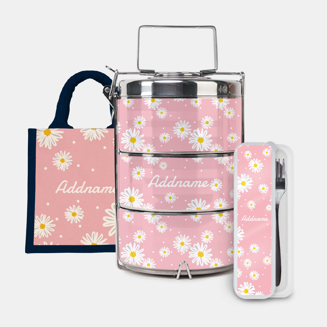 Daisy Series Half Lining Lunch Bag, Premium Tiffin Carrier And Cutlery Set - Blush Navy