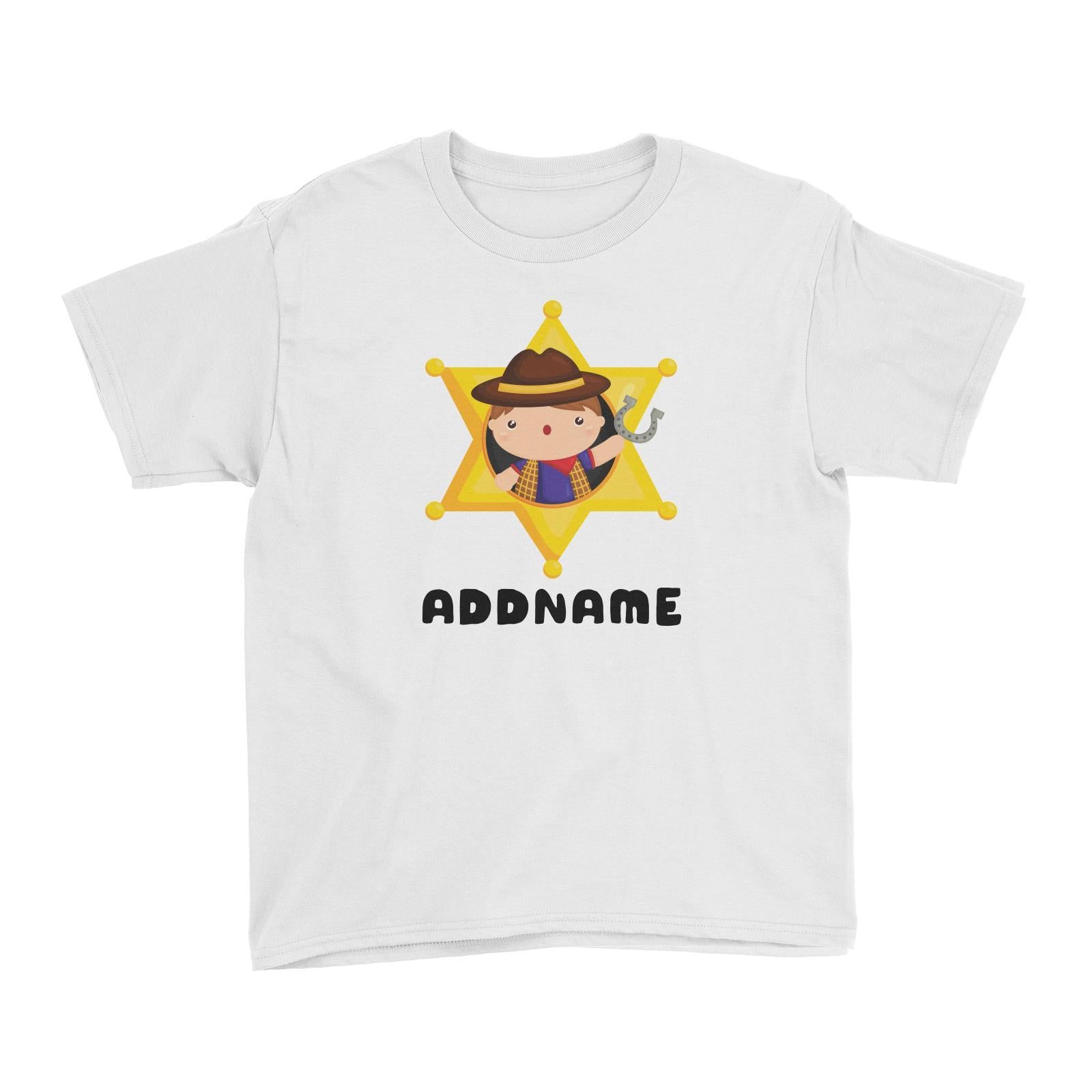 Birthday Cowboy Style Little Cowboy Holding Hoe In Star Badge Addname Kid T-Shirt