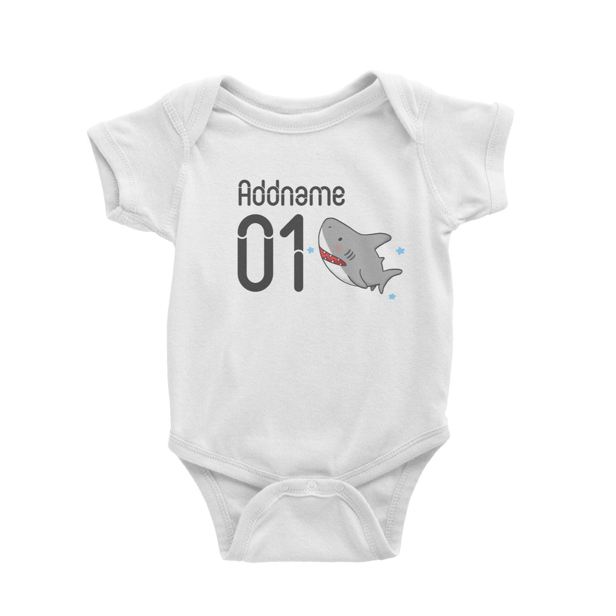 Name and Number Cute Hand Drawn Style Shark Baby Romper