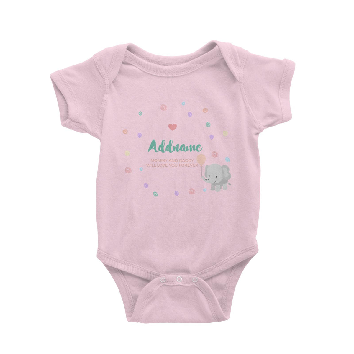 Cute Elephant with Balloon and Colourful Doodles Personalizable with Name and Text Baby Romper