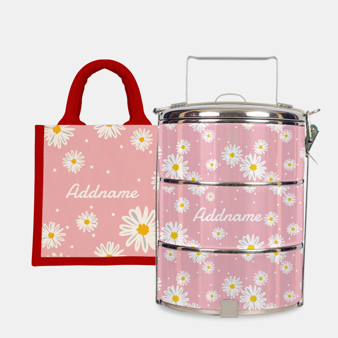 Daisy Series Half Lining Lunch Bag Wtih Standard Tiffin Carrier - Blush Red