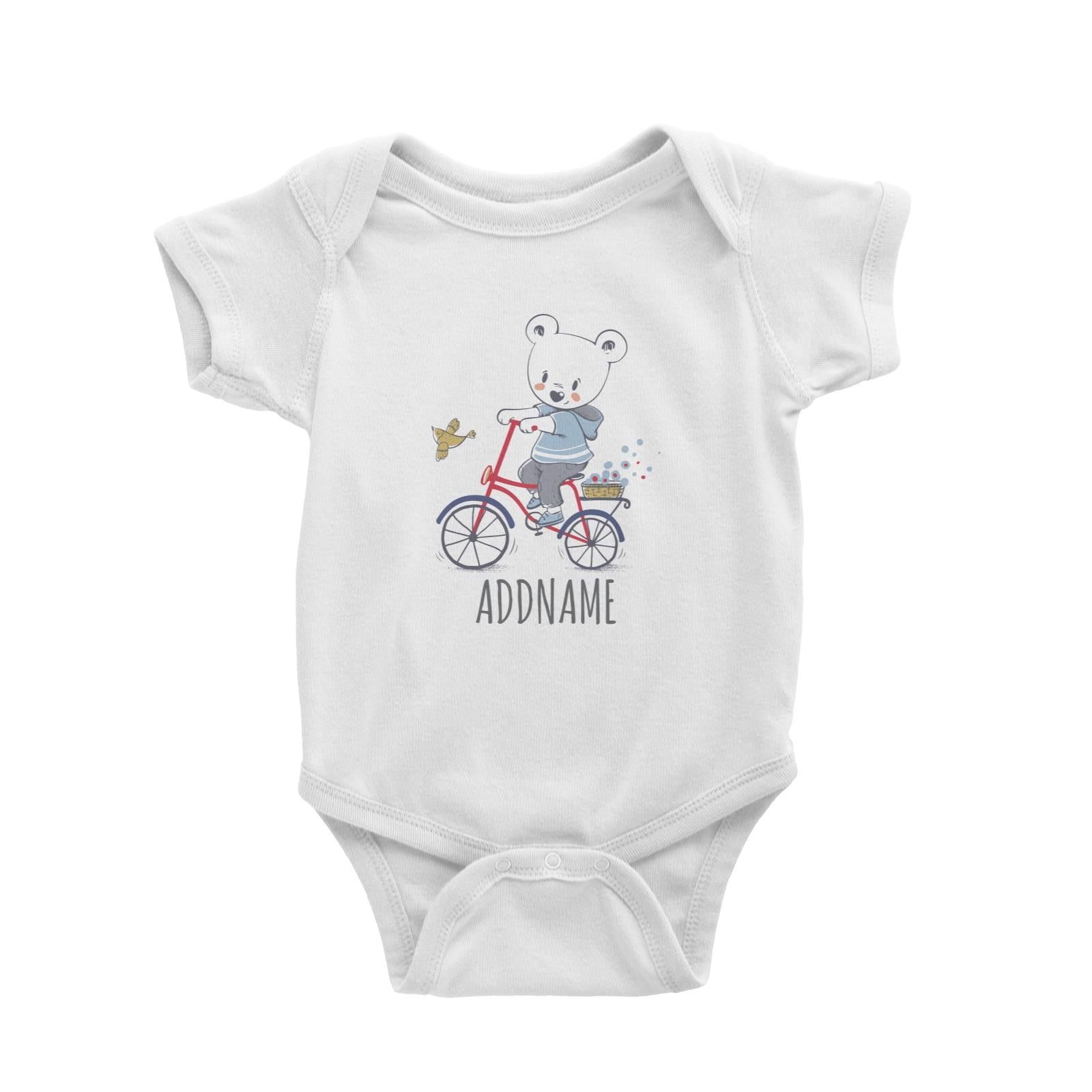 Bear on Bicycle White Baby Romper Personalizable Designs Cute Sweet Animal For Boys HG
