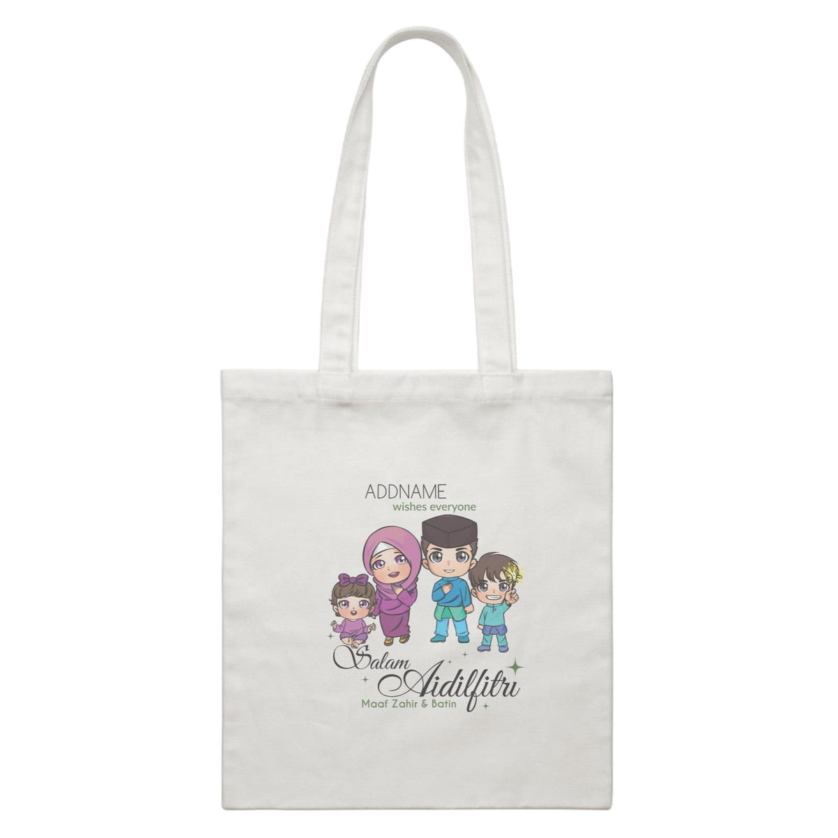 Raya Chibi Family Boy And Baby Girl Addname Wishes Everyone Salam Aidilfitri Maaf Zahir &amp; Batin White Canvas Bag