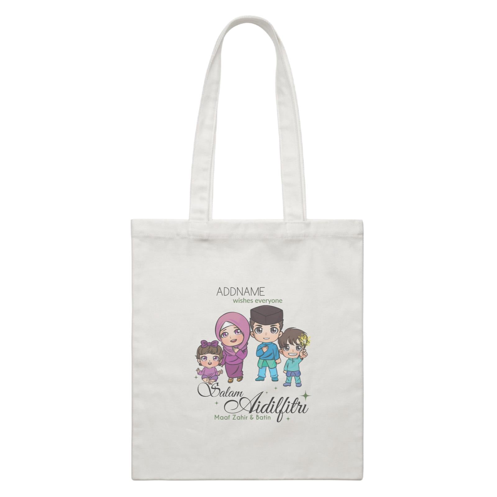 Raya Chibi Family Boy And Baby Girl Addname Wishes Everyone Salam Aidilfitri Maaf Zahir & Batin White Canvas Bag