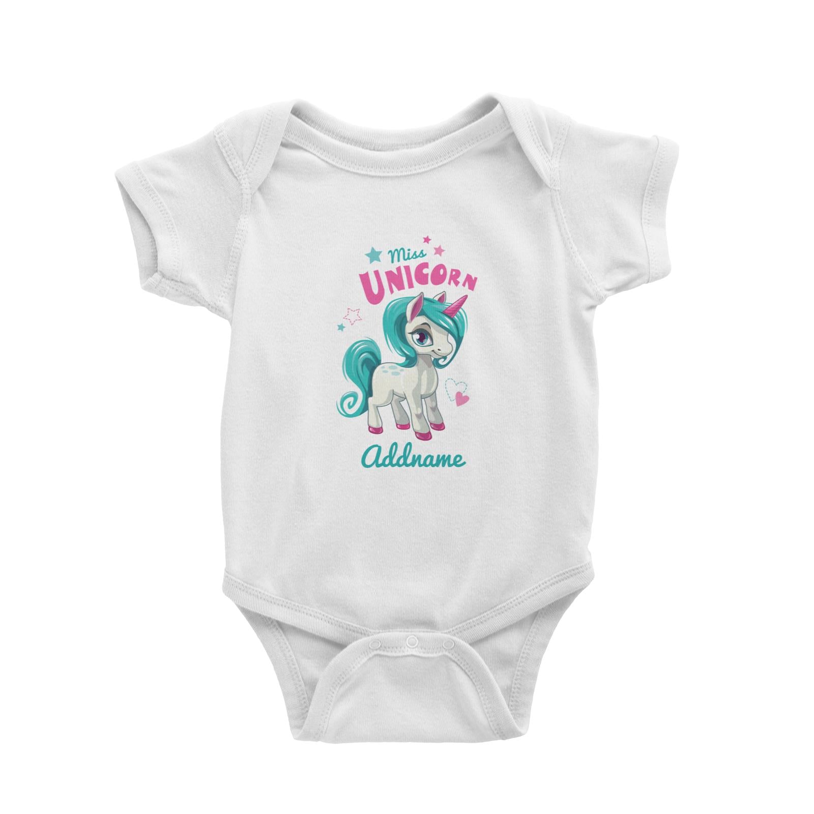 Pastel Green Miss Unicorn Cartoon White Baby Romper Personalizable Designs