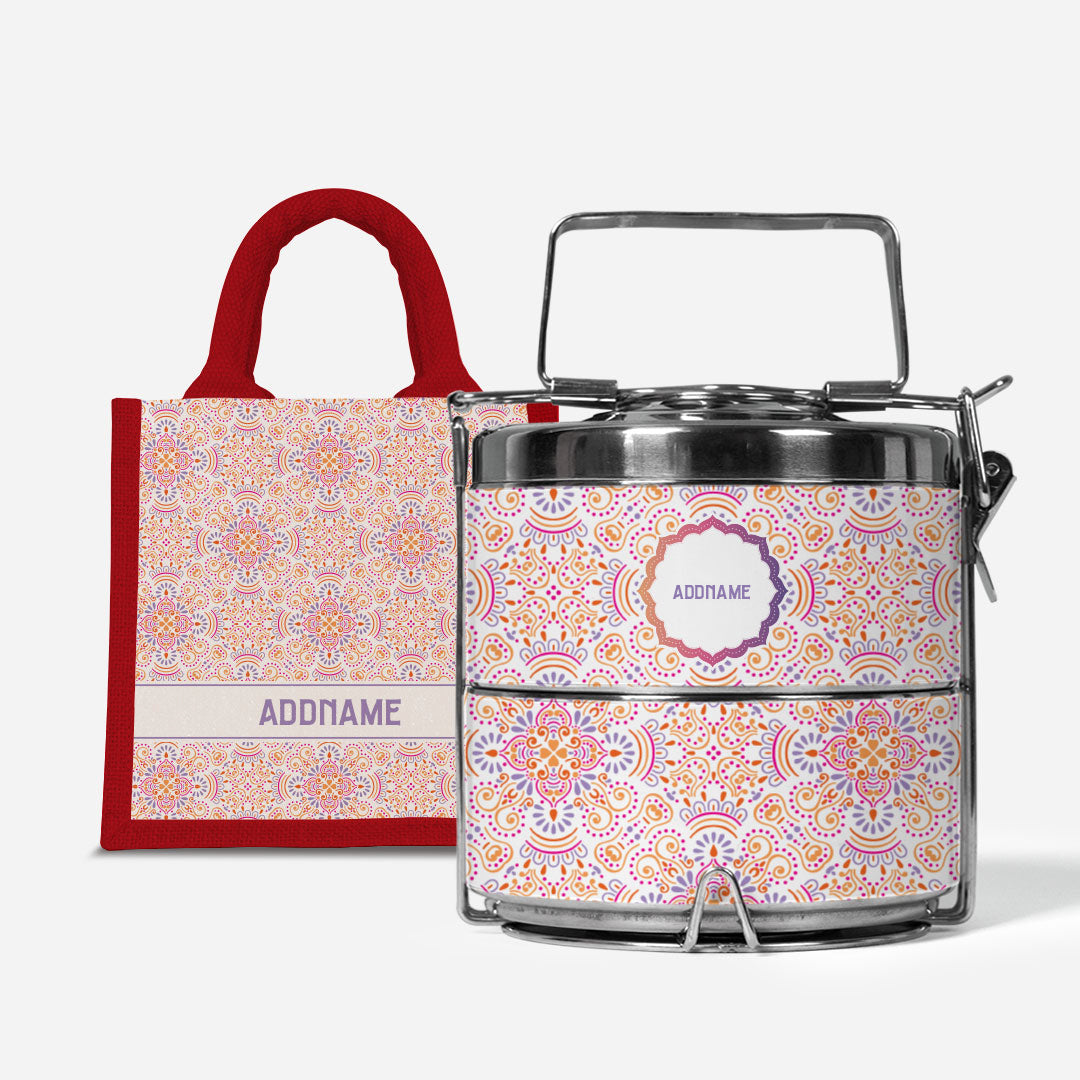 Pookal Series Premium Two Tier Tiffin with Half Lining Lunch Bag - Triumph Red