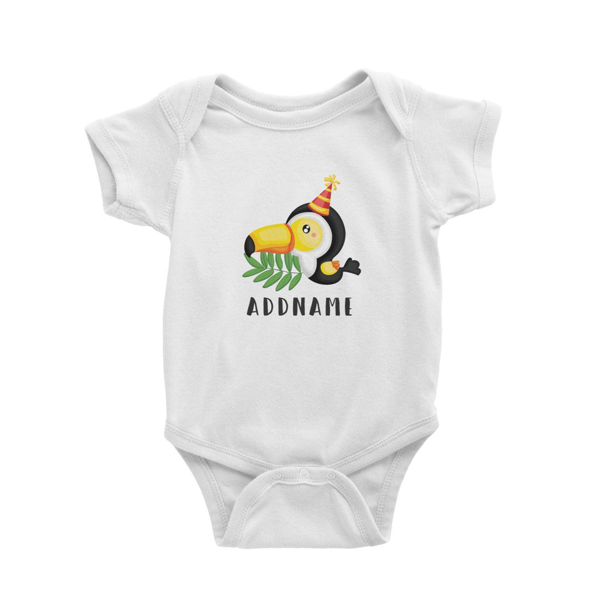 Birthday Safari Hornbill Wearing Party Hat Addname Baby Romper