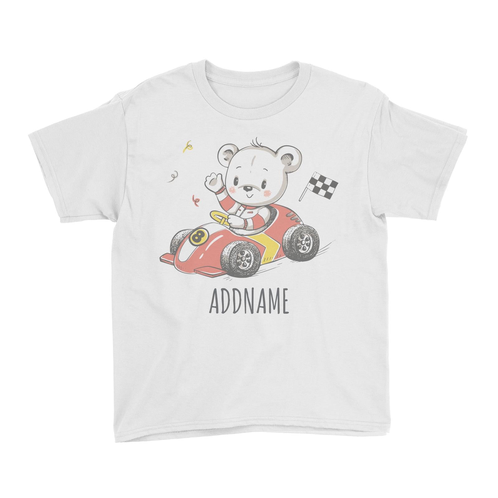 Bear on Go Kart White Kid's T-Shirt Personalizable Designs Cute Sweet Animal For Boys HG