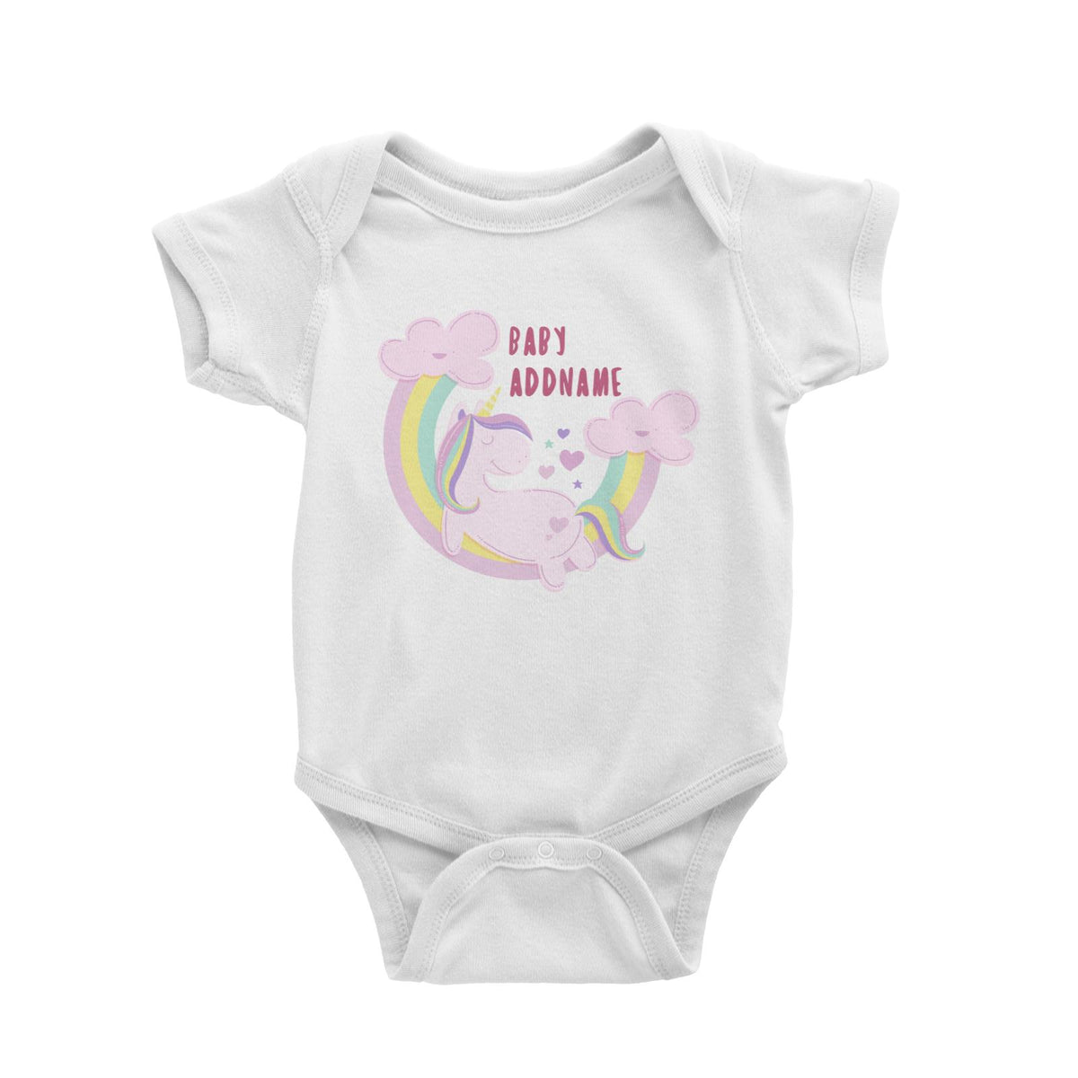 Pink Unicorn On Rainbow with Baby Addname Baby Romper