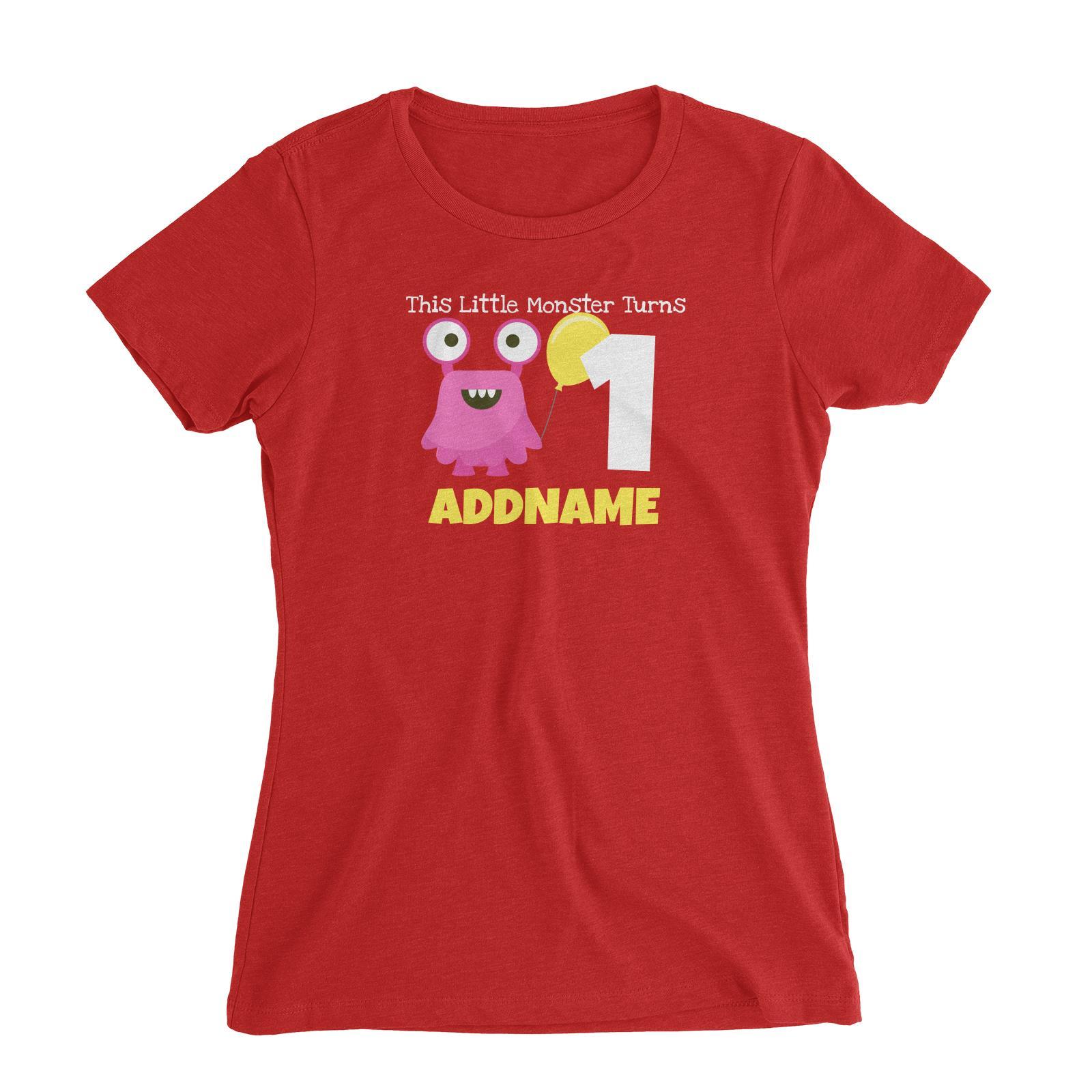 Pink Monster Birthday Theme Personalizable with Name and Number Women's Slim Fit T-Shirt