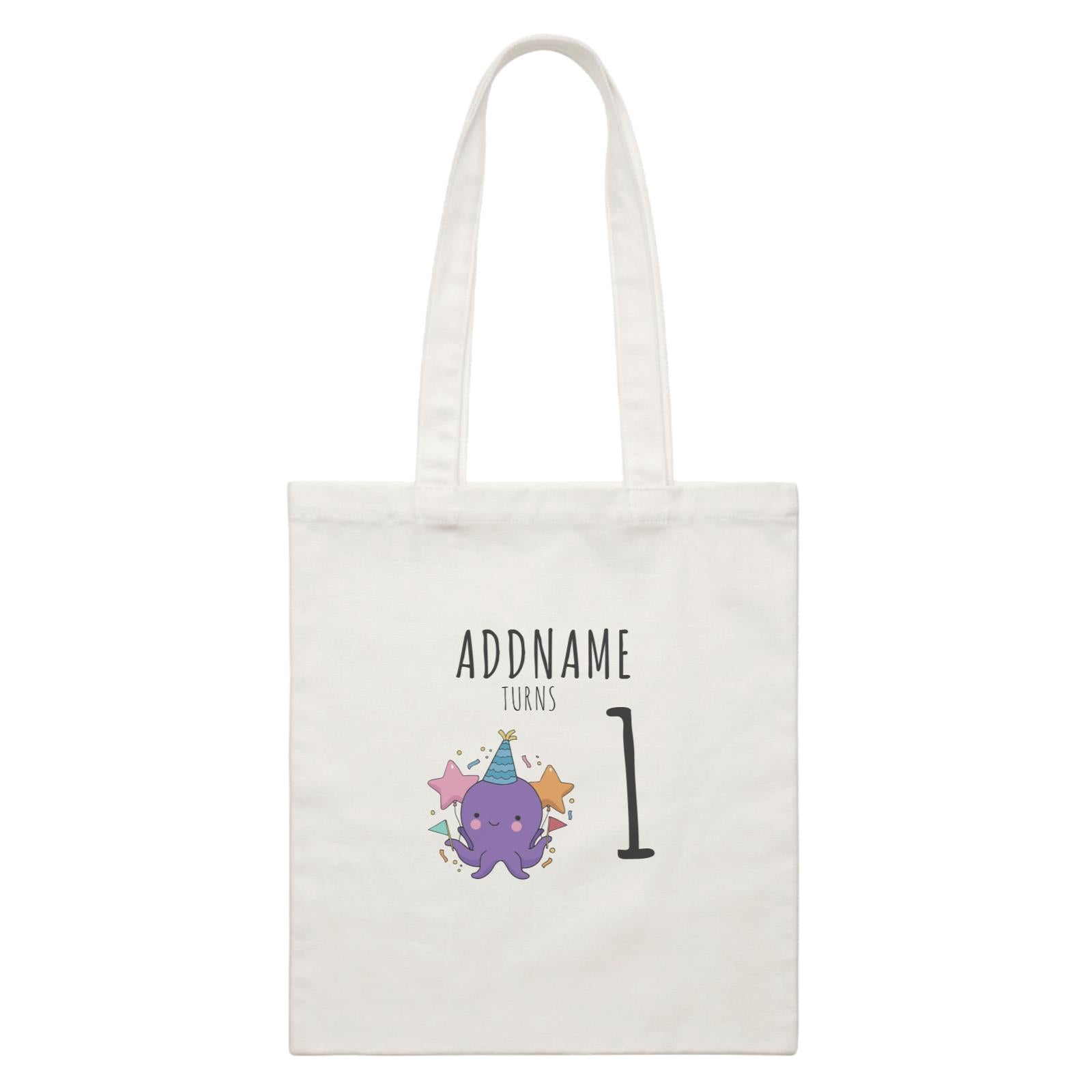 Birthday Sketch Animals Octopus with Flags Addname Turns 1 White Canvas Bag