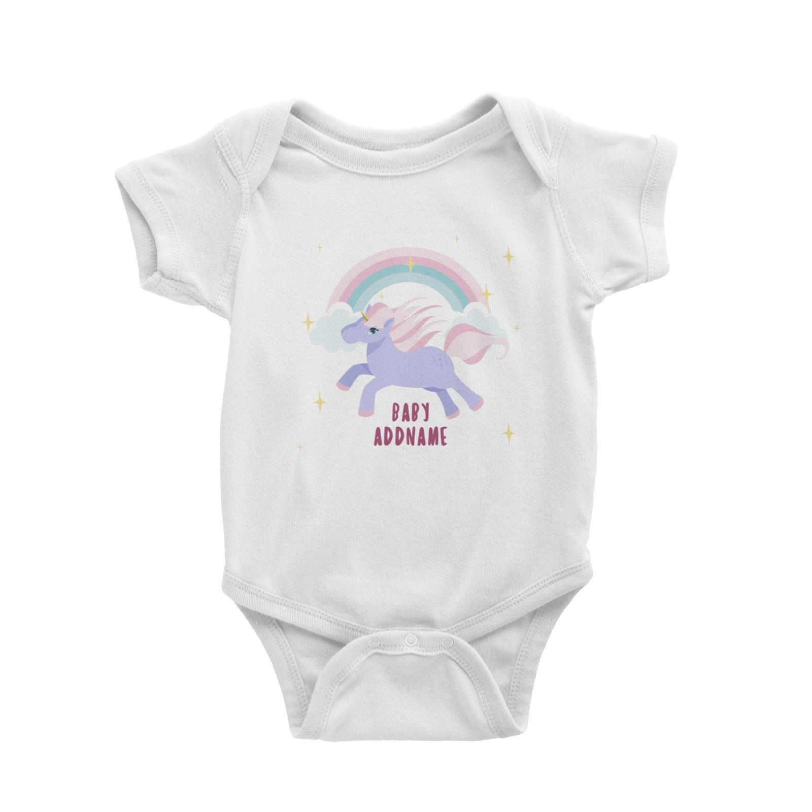 Purple Unicorn Galloping with Rainbow and Baby Addname Baby Romper