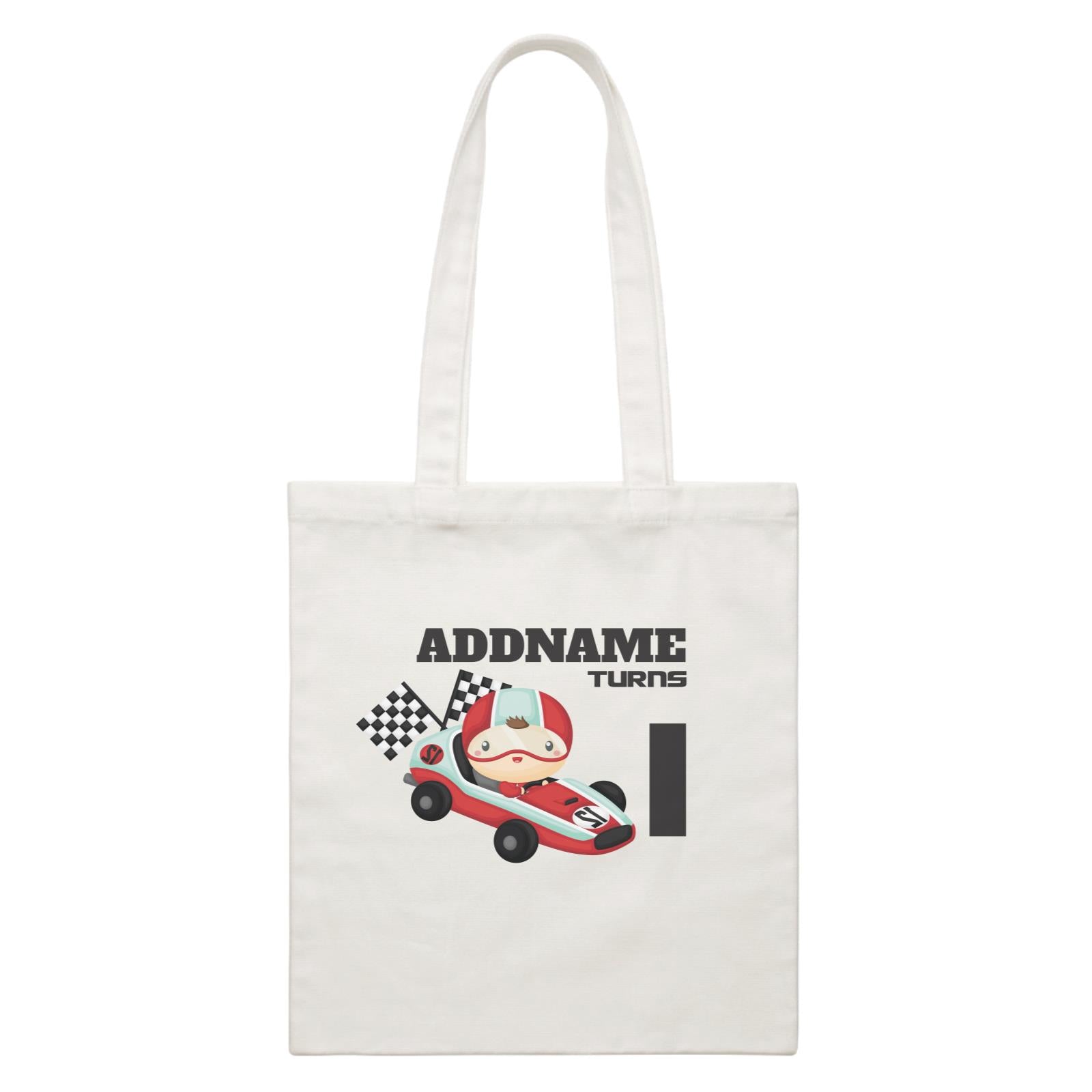 Birthday Cars Race Racer Boy With Racing Cars Addname Turns 1 White Canvas Bag