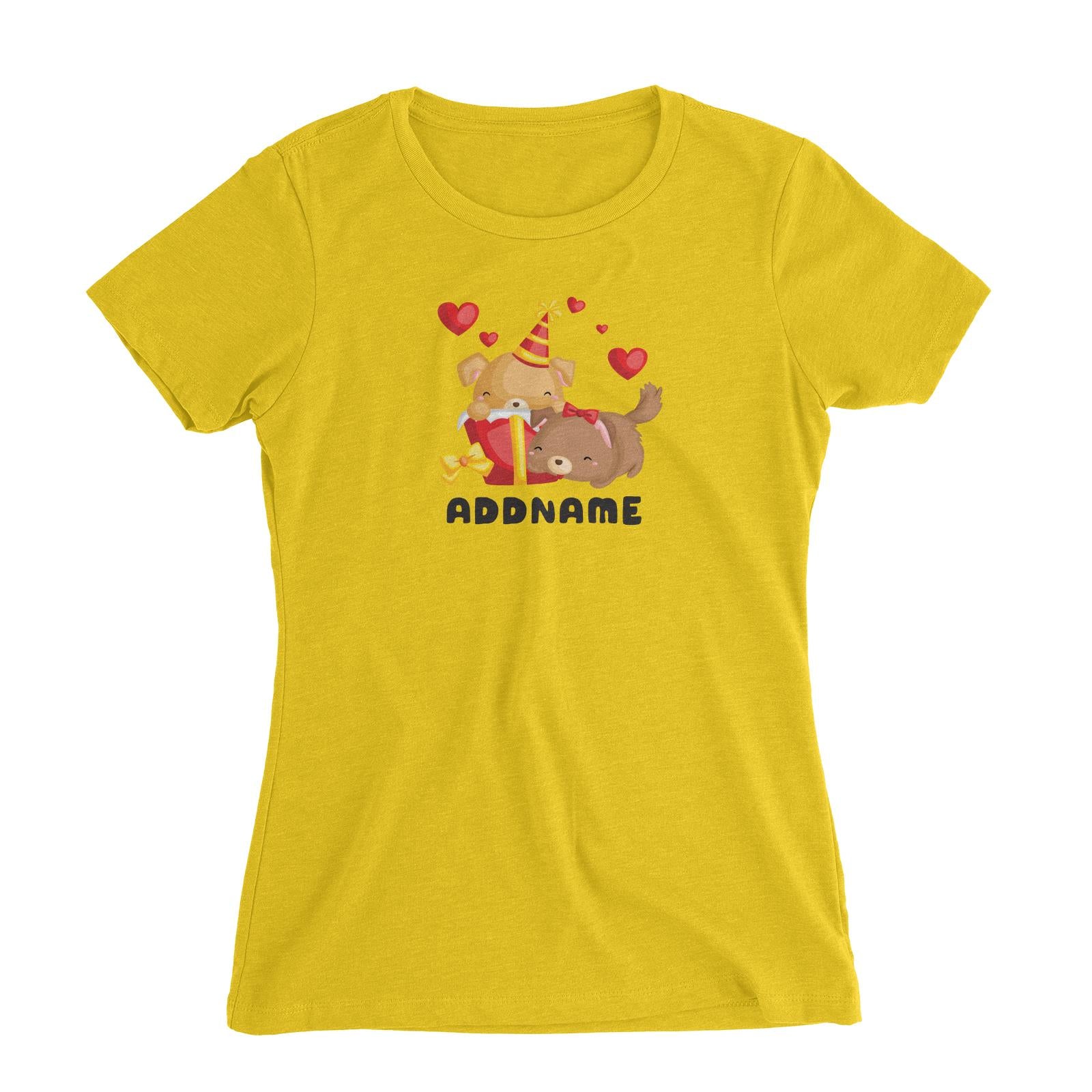 Birthday Friendly Animals Happy Two Dogs Open Present Addname Women's Slim Fit T-Shirt