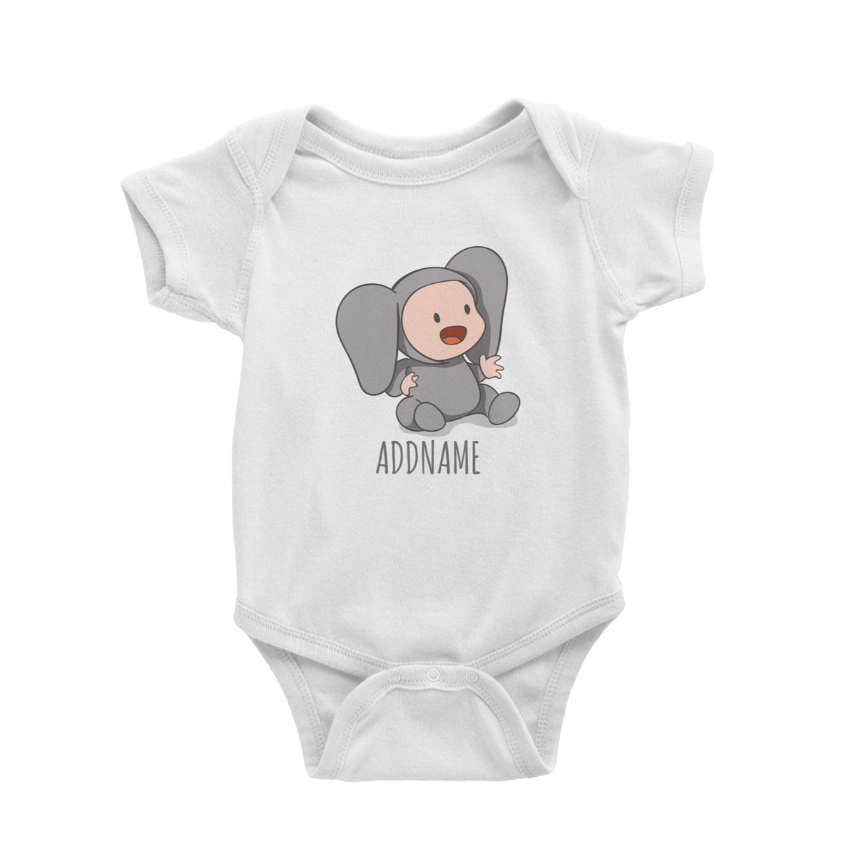 Cute Baby in Grey Elephant Suit Addname Baby Romper
