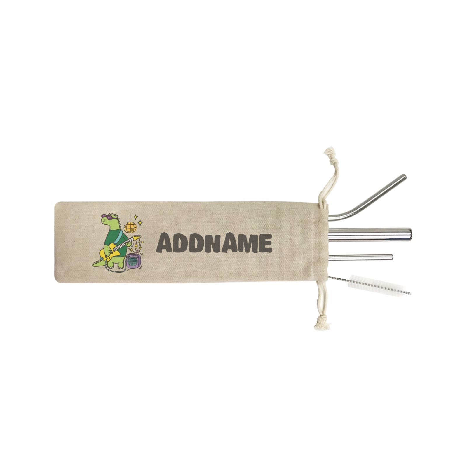 Super Cute Dinosaur Cool Guitarist SB 4-in-1 Stainless Steel Straw Set In a Satchel