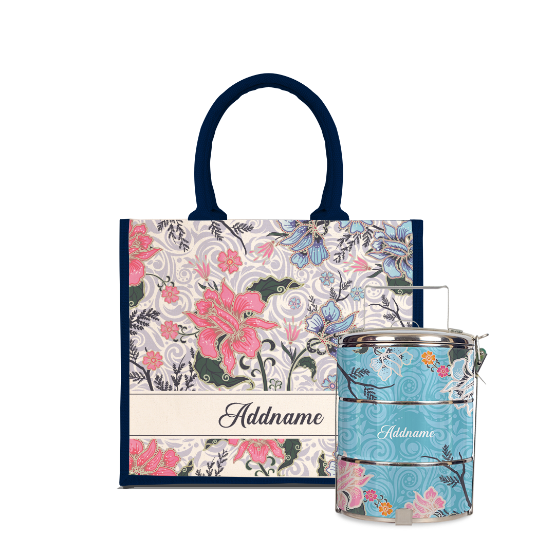 Modern Mahsuri Series - Legend Blue Half Lining Jute Bag with Tiffin Carrier