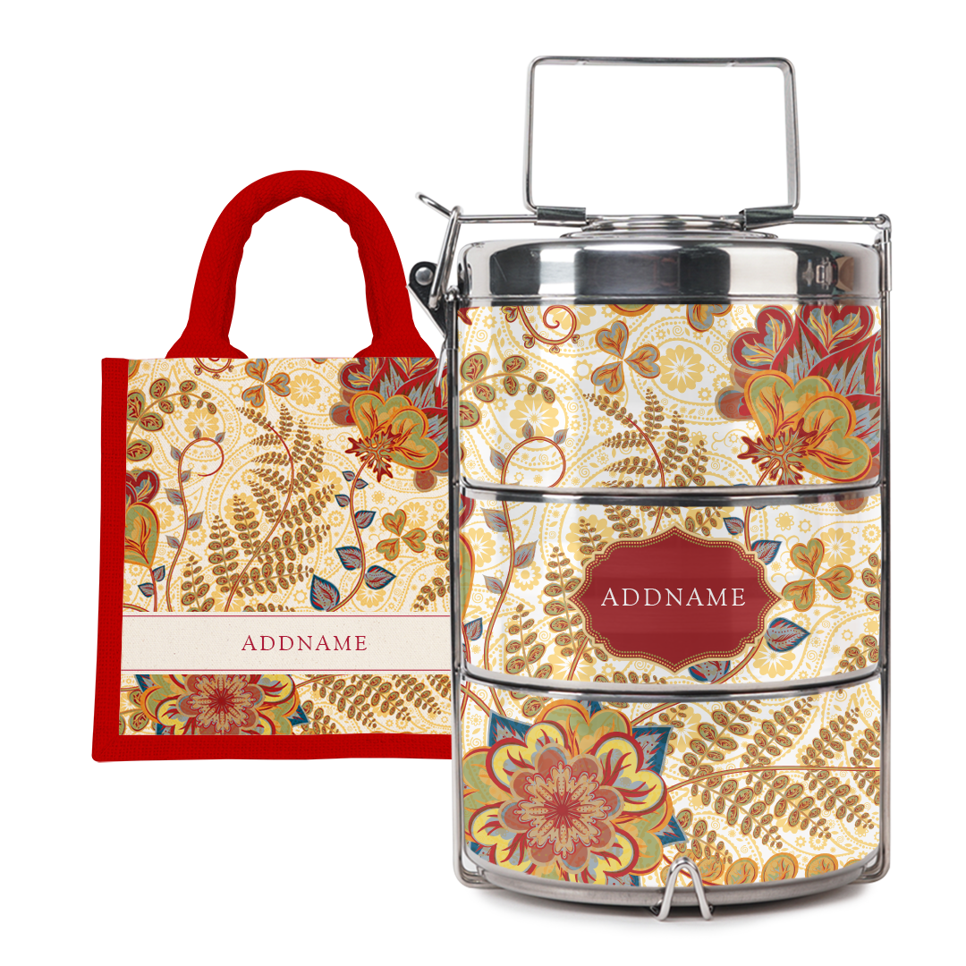 Batik Mawar - Lunch Tote Bag with Three-Tier Tiffin Carrier