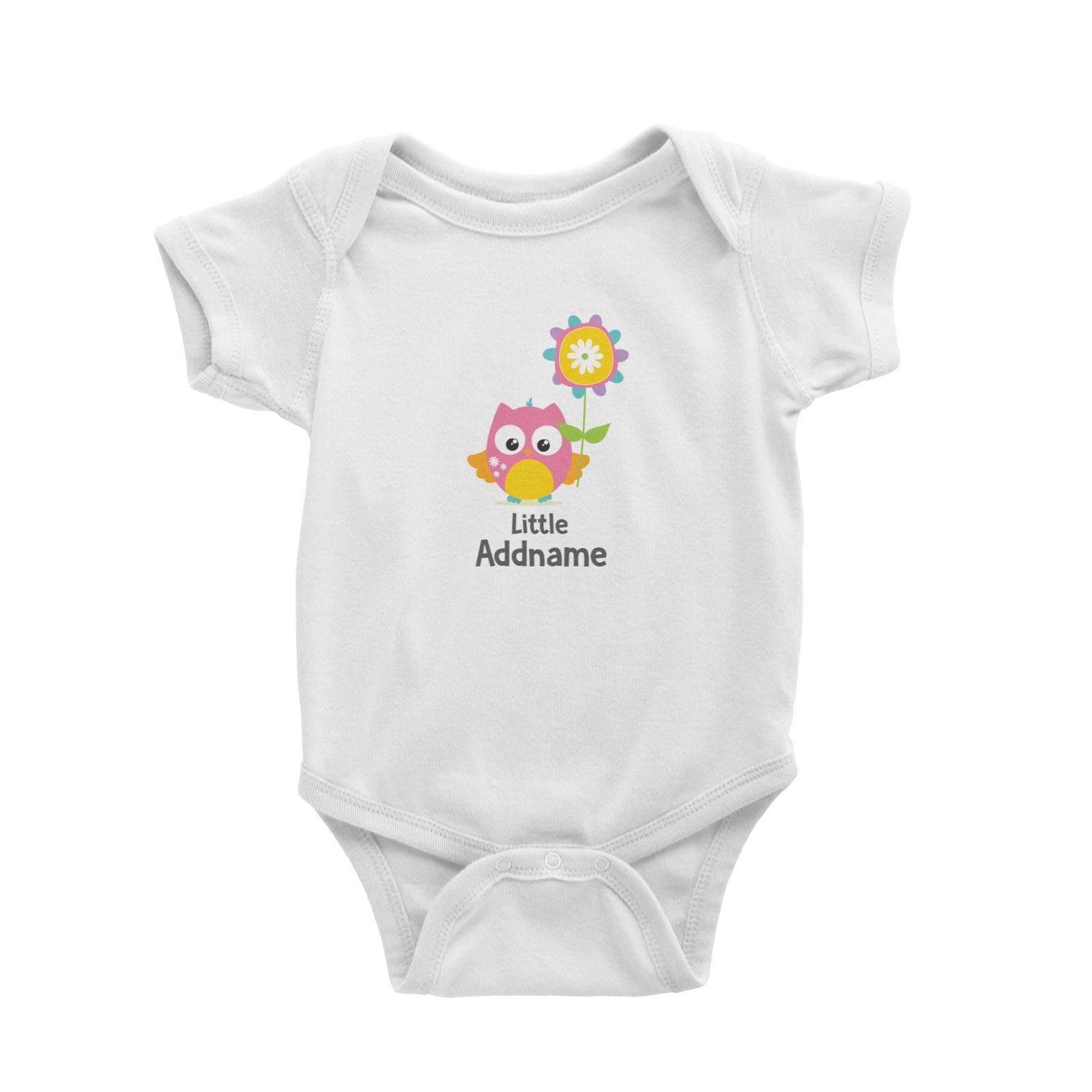 Cute Owls Pink with Flower Little Addname White Baby Romper