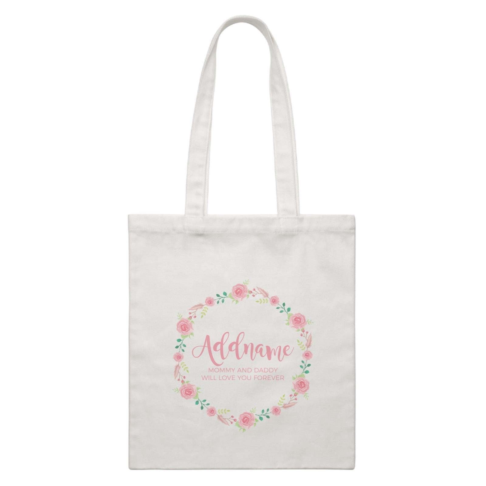 Pink Roses Wreath Personalizable with Name and Text White Canvas Bag