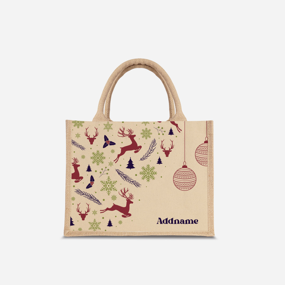 Christmas Series Half Lining Small Jute Bag - Jubilant Reindeers Natural