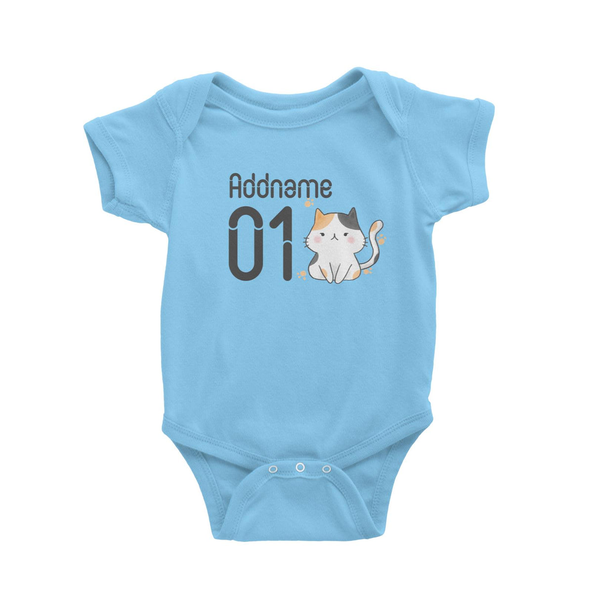 Name and Number Cute Hand Drawn Style Cat Baby Romper