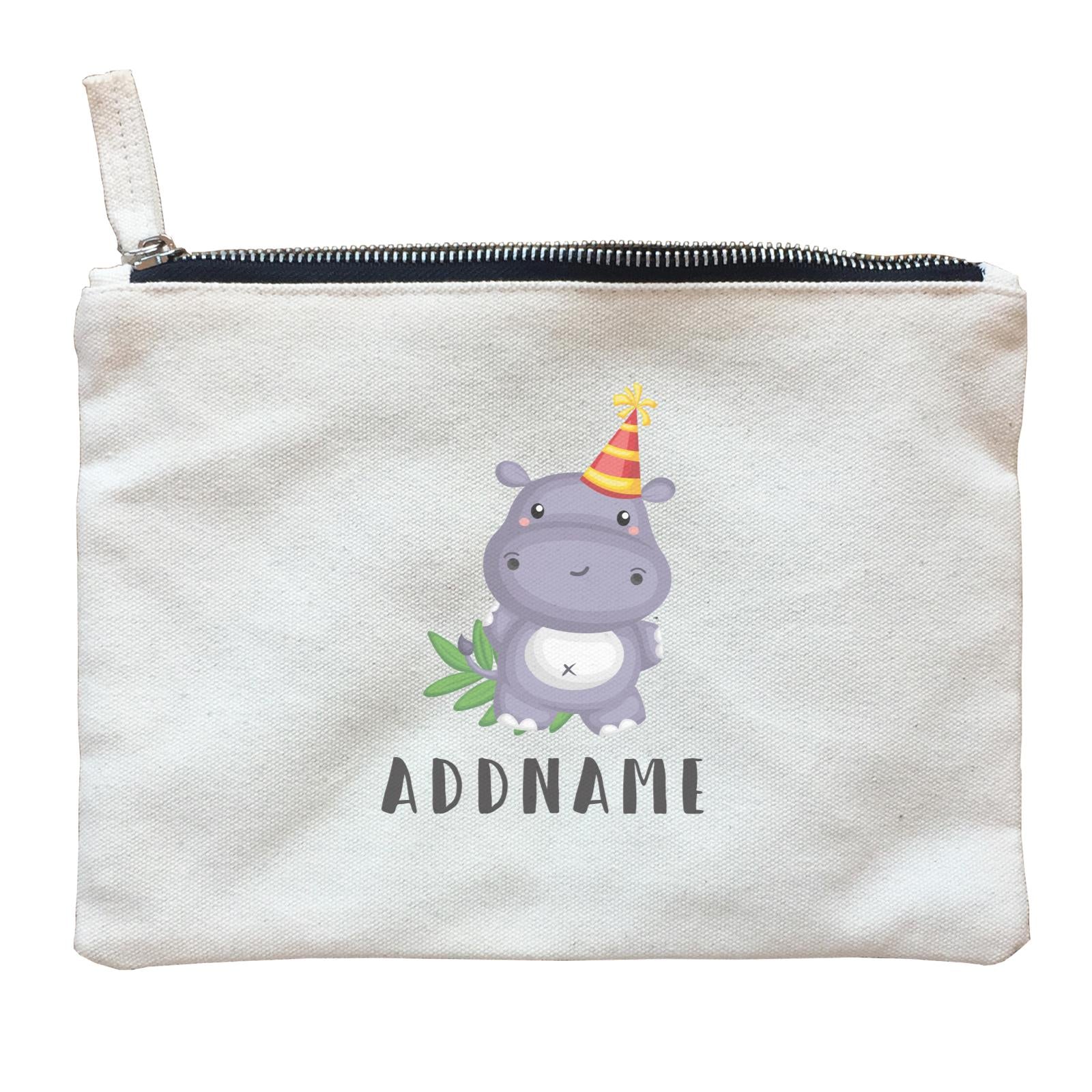 Birthday Safari Hippo Wearing Party Hat Addname Zipper Pouch