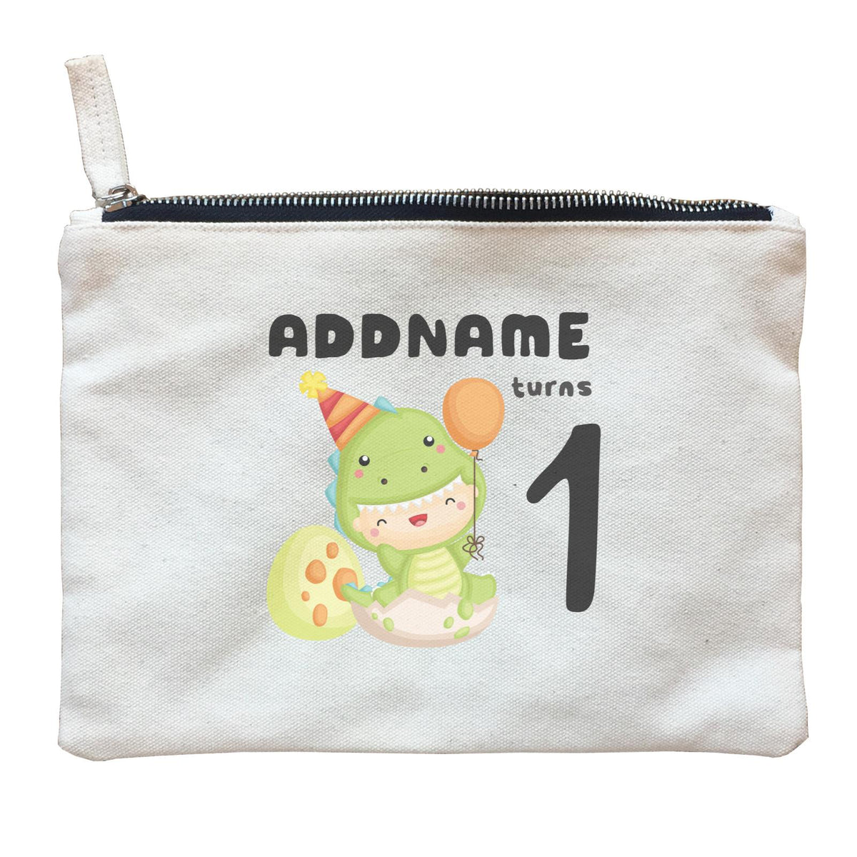 Birthday Dinosaur Happy Baby Wearing Dinosaur Suit Addname Turns 1 Zipper Pouch