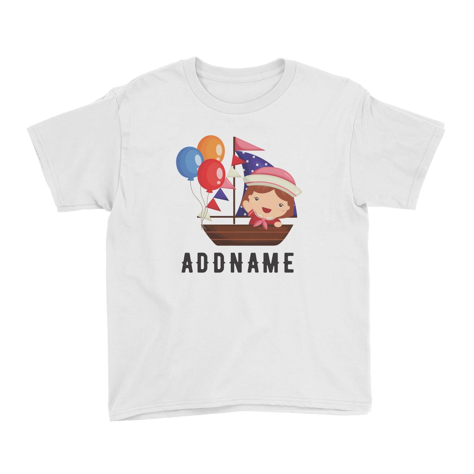 Birthday Sailor Girl In Ship With Balloon Addname Kid's T-Shirt