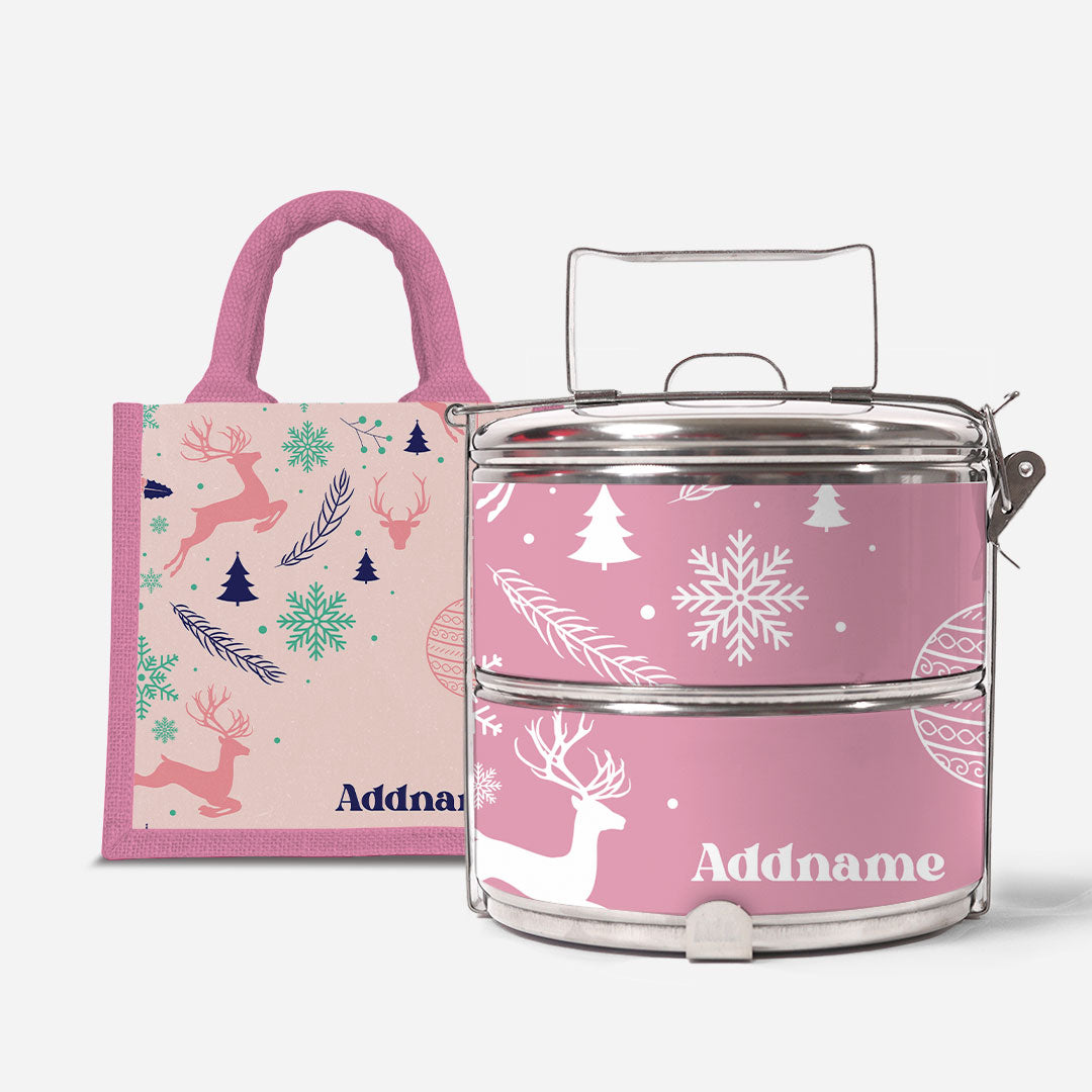 Christmas Series Standard Two Tier Tiffin  with Half Lining Lunch Bag Jubilant Reindeers Light Pink