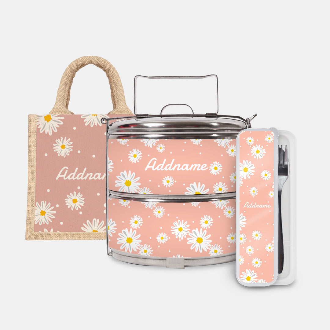 Daisy Series Half Lining Lunch Bag, Standard Two Tier Tiffin Carrier And Cutlery Set - Coral Natural