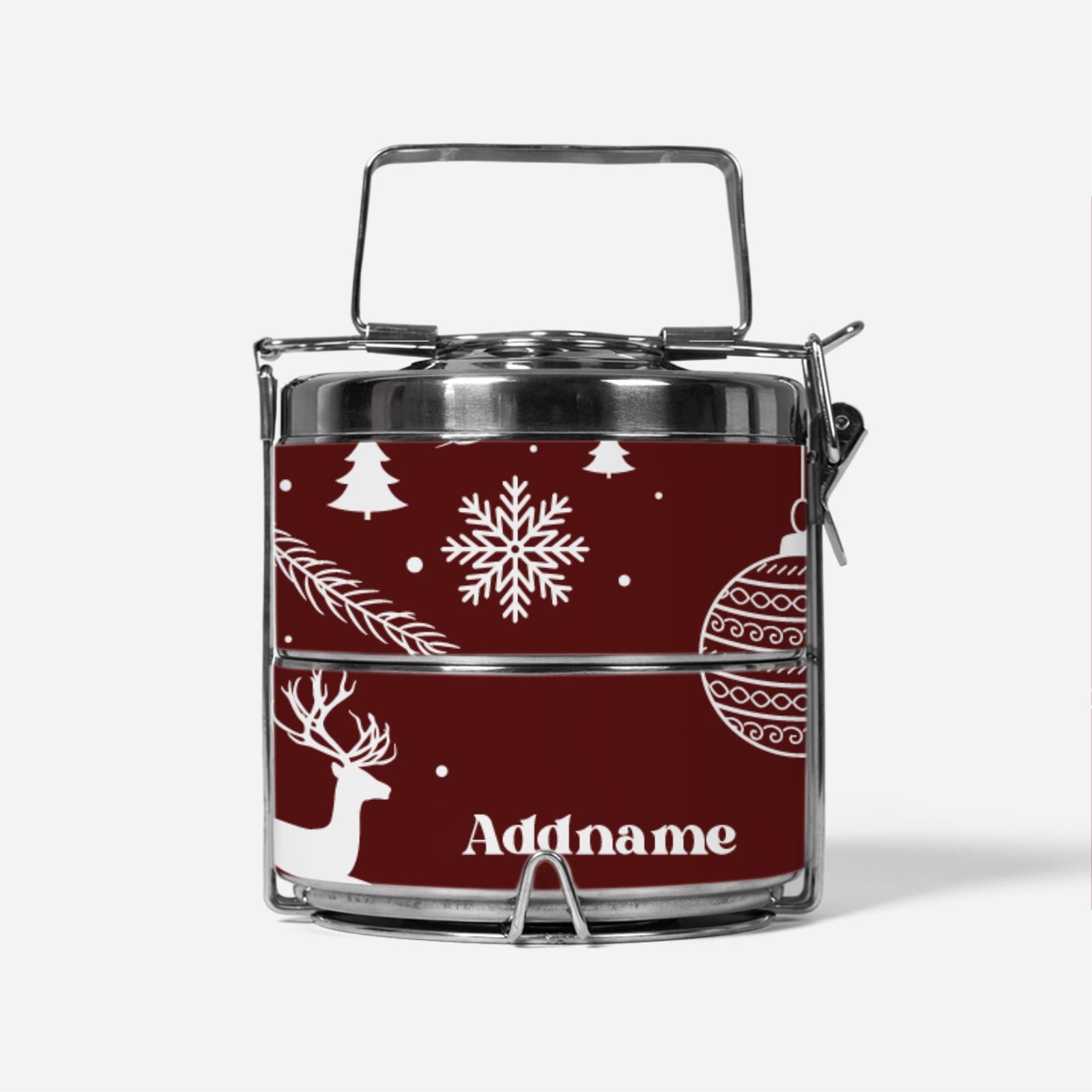Christmas Series Premium Two Tier Tiffin Carrier - Jubilant Reindeers Red
