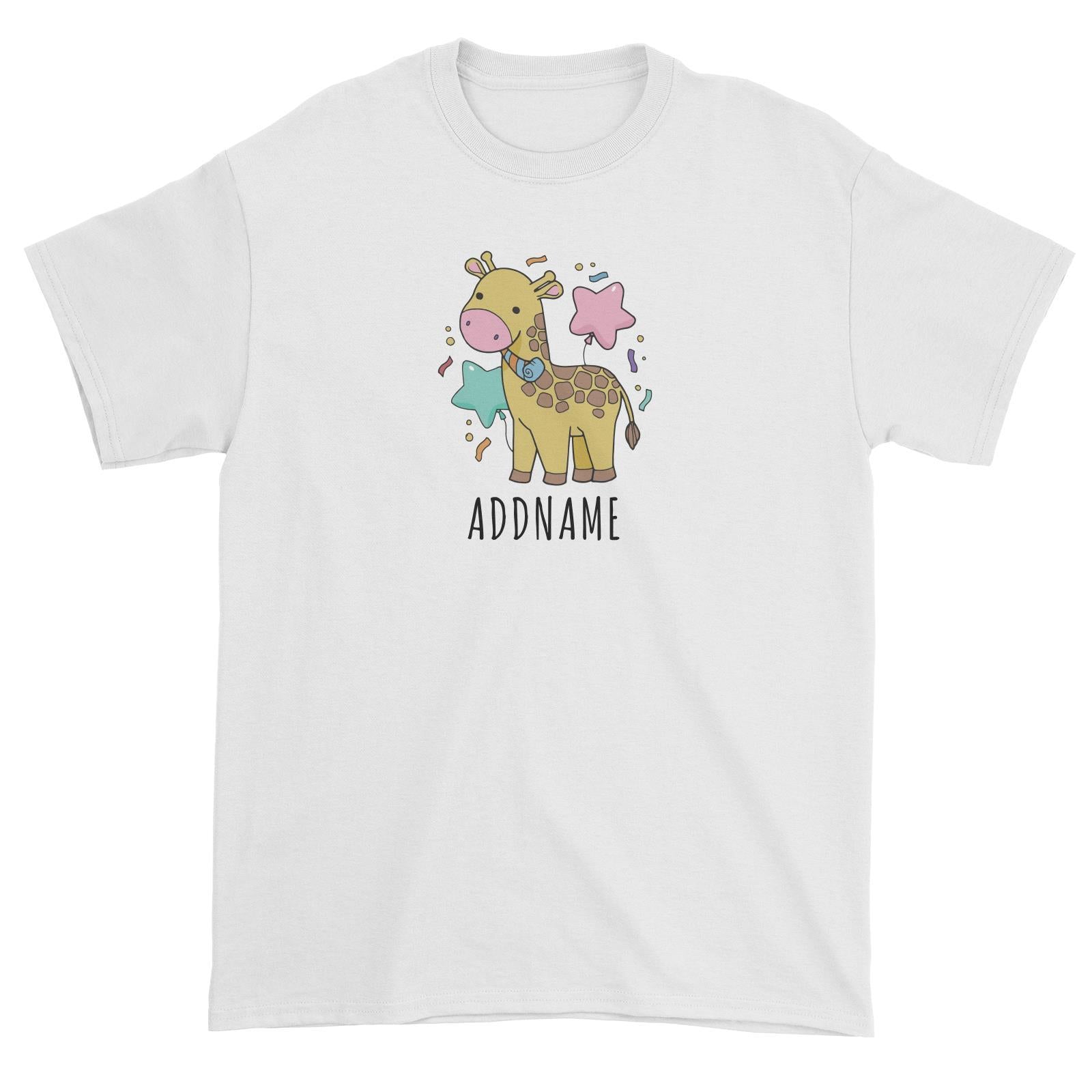 Birthday Sketch Animals Giraffe with Party Horn Addname Unisex T-Shirt