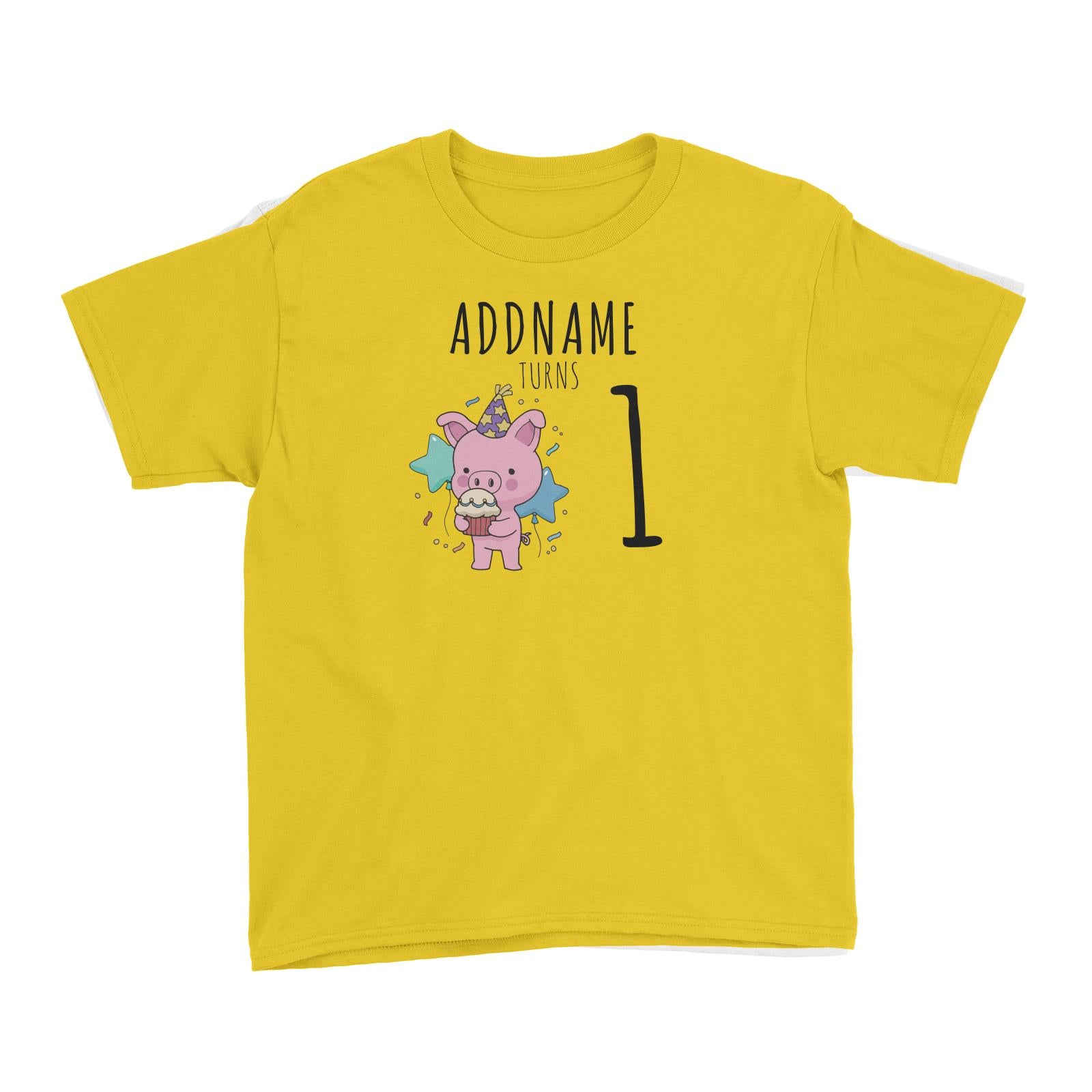 Birthday Sketch Animals Pig with Party Hat Eating Cupcake Addname Turns 1 Kid's T-Shirt