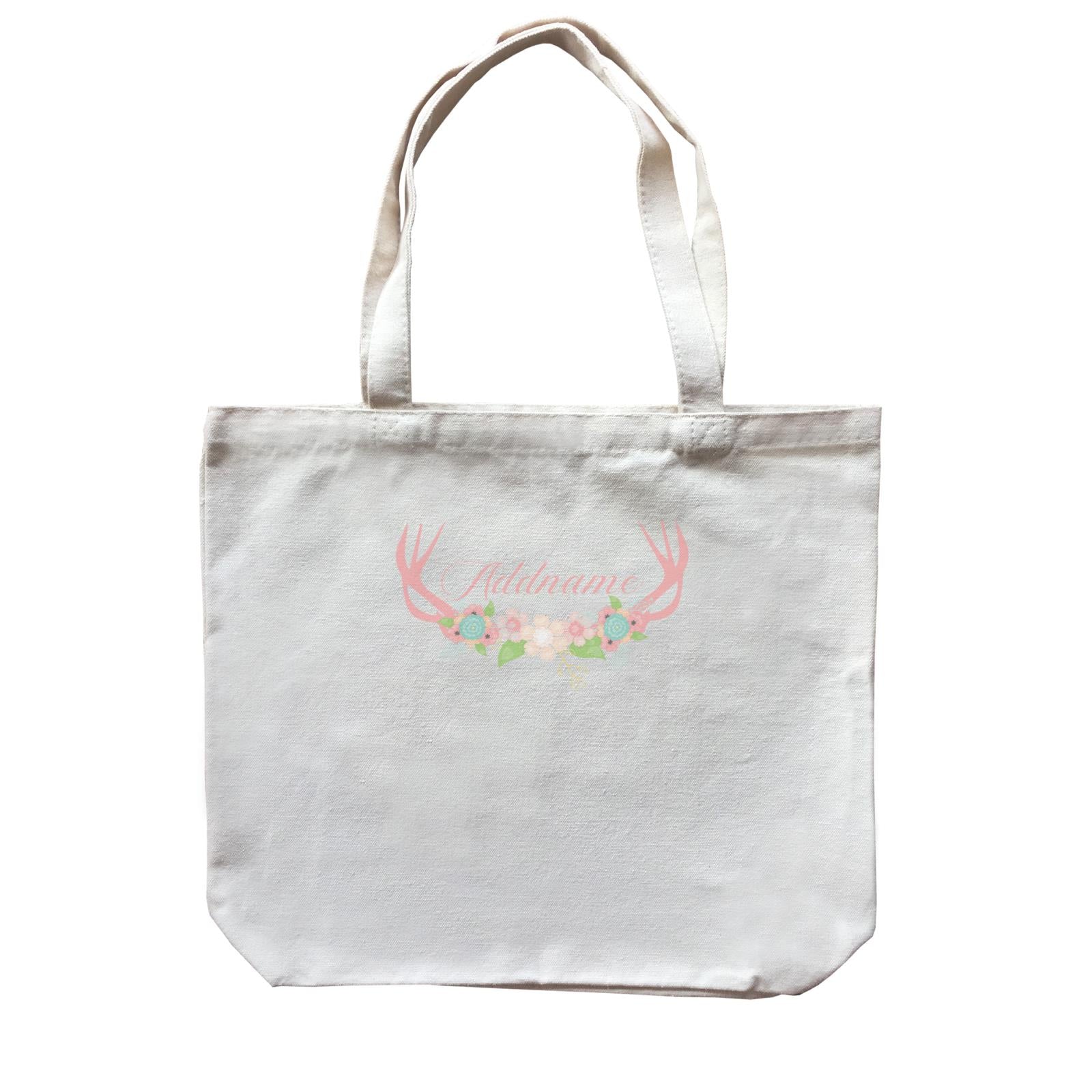 Basic Family Series Pastel Deer Pink Deer Antlers With Flower Addname Canvas Bag