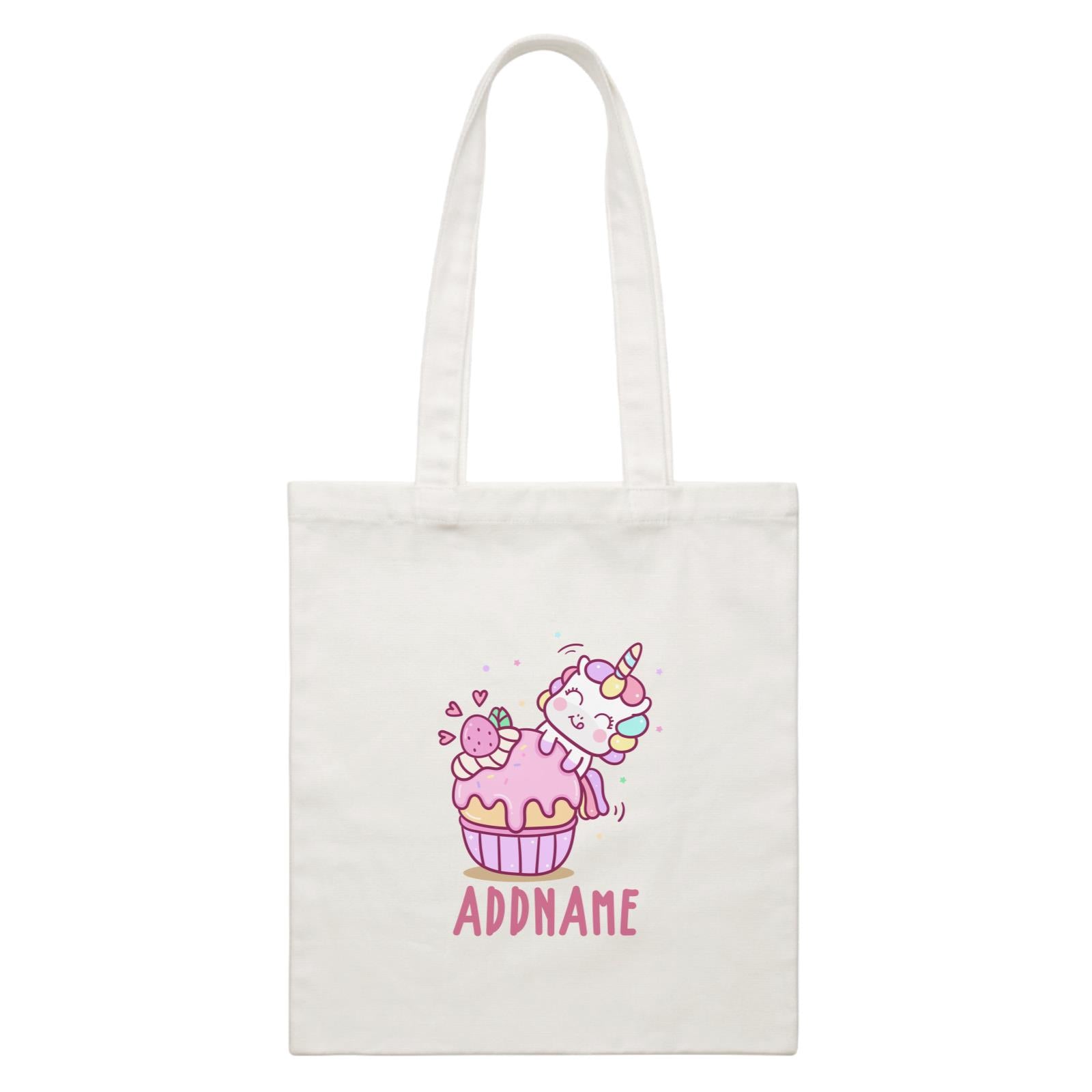 Unicorn And Princess Series Unicorn And Cupcake Addname White Canvas Bag