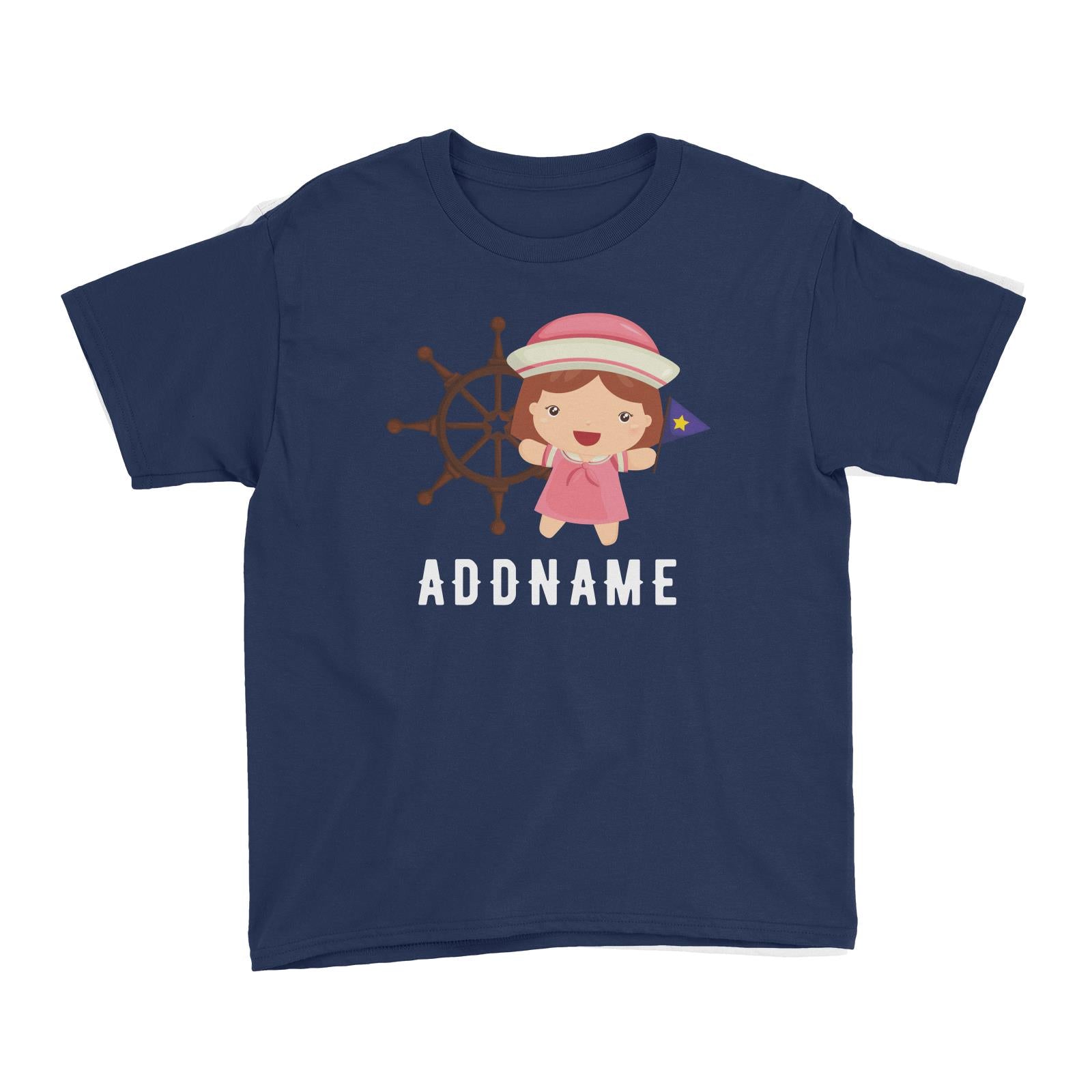 Birthday Sailor Girl In Ship With Wheel Addname Kid's T-Shirt