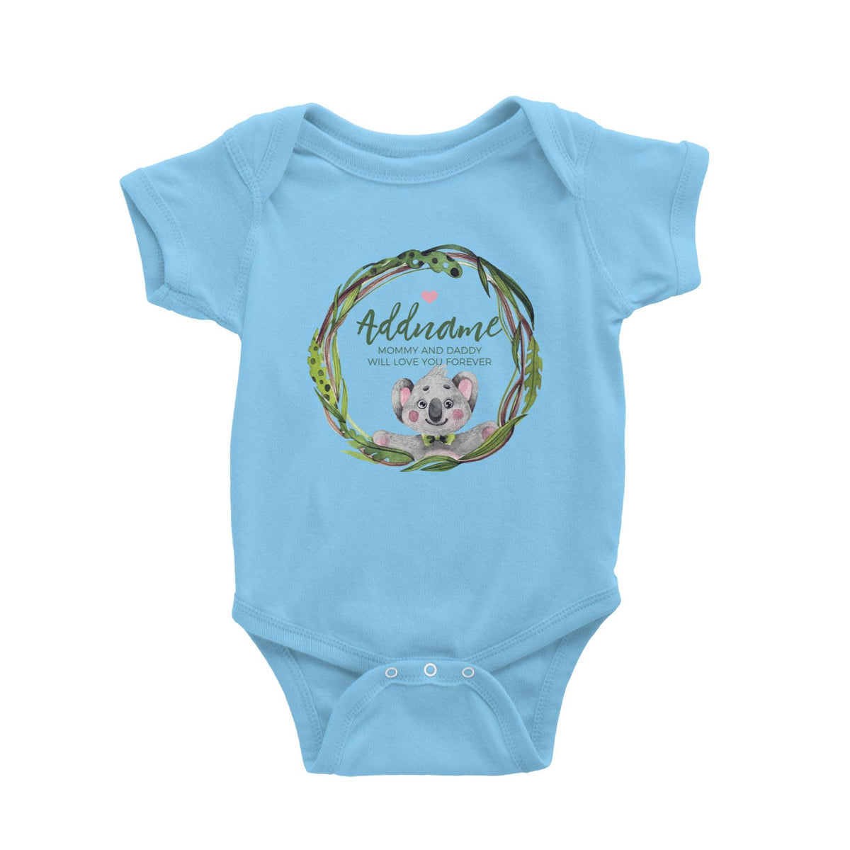 Watercolour Pink Koala Green Leaves Wreath Personalizable with Name and Text Baby Romper