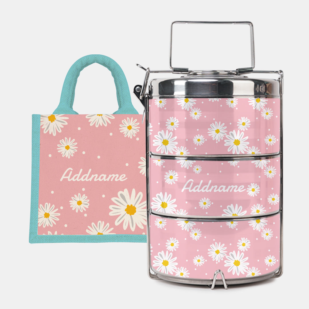Daisy Series Half Lining Lunch Bag Wtih Premium Tiffin Carrier - Blush Light Blue