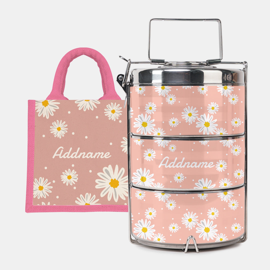 Daisy Series Half Lining Lunch Bag Wtih Premium Tiffin Carrier - Coral Light Pink