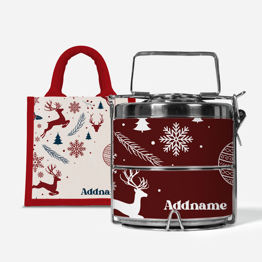 Christmas Series Premium Two Tier Tiffin  with Half Lining Lunch Bag Jubilant Reindeers Red