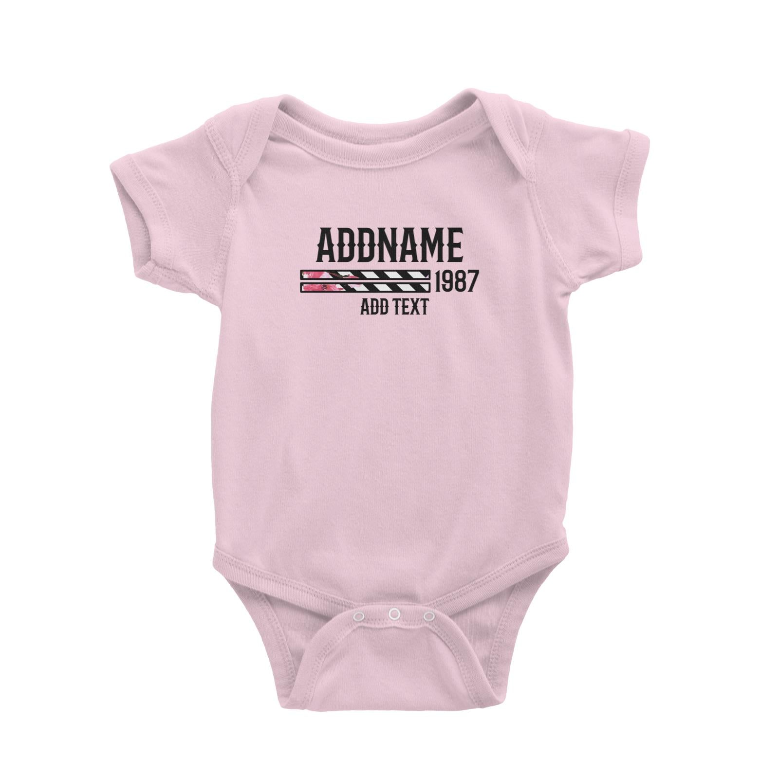 Pink Hibiscus Flower Stripes Bars Personalizable with Name Year and Text Baby Romper