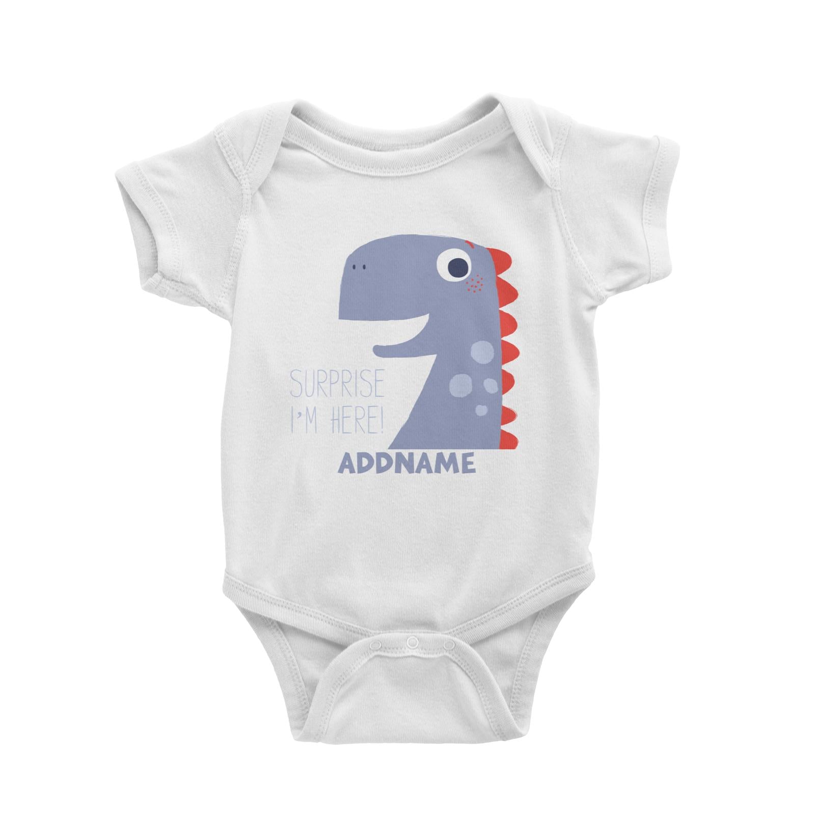 Surprise I'm Here Dinosaur Addname White Baby Romper
