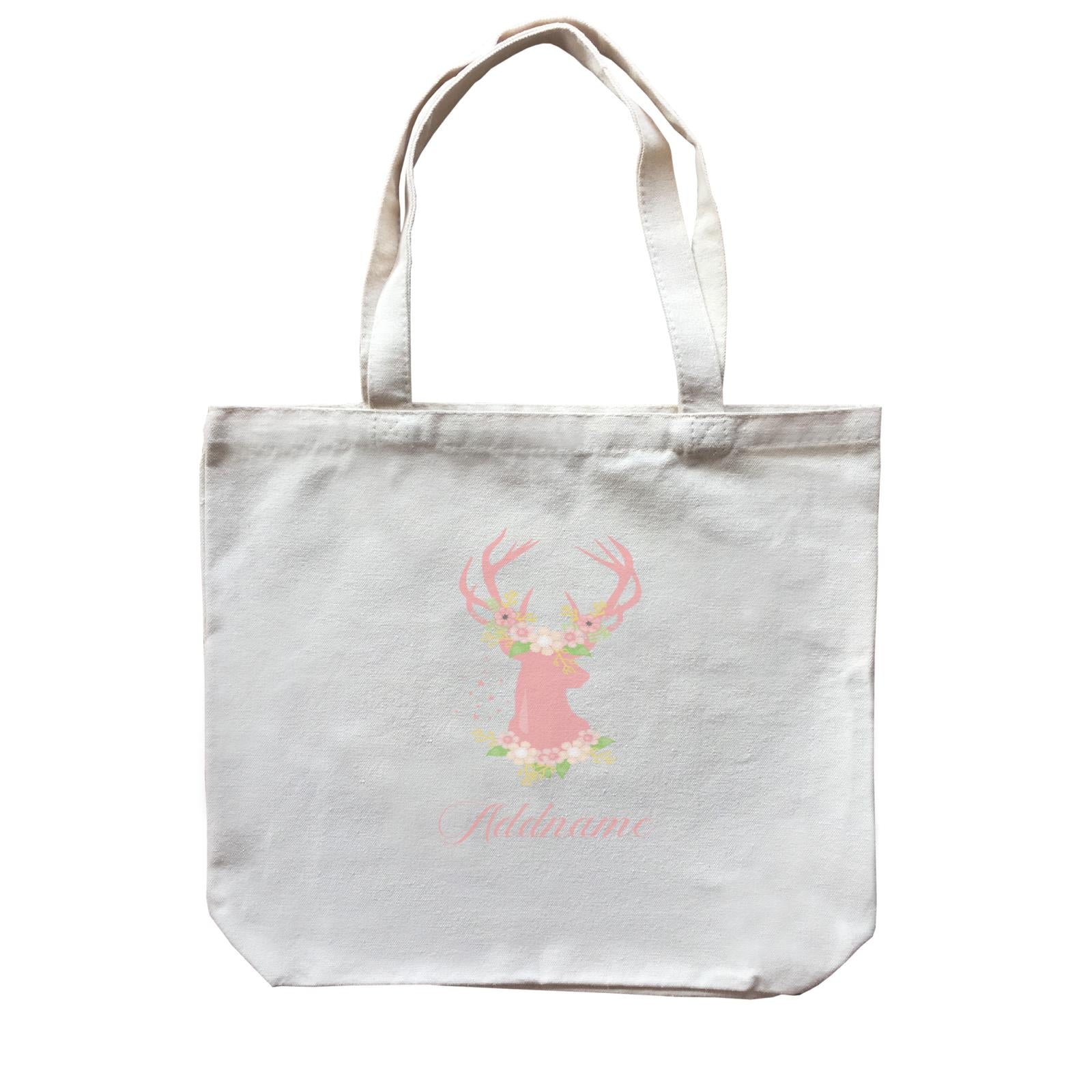 Basic Family Series Pastel Deer Pink Deer With Flower Addname Canvas Bag