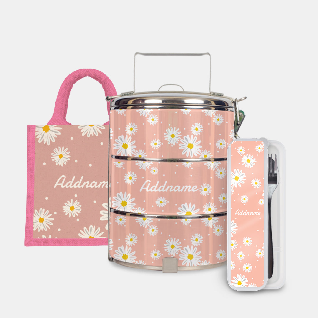 Daisy Series Half Lining Lunch Bag, Standard Tiffin Carrier And Cutlery Set - Coral Light Pink