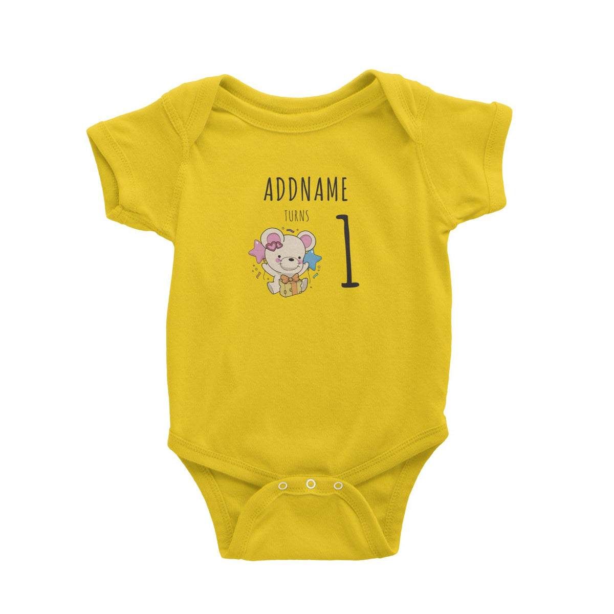 Birthday Sketch Animals Mouse with Cheese Present Addname Turns 1 Baby Romper